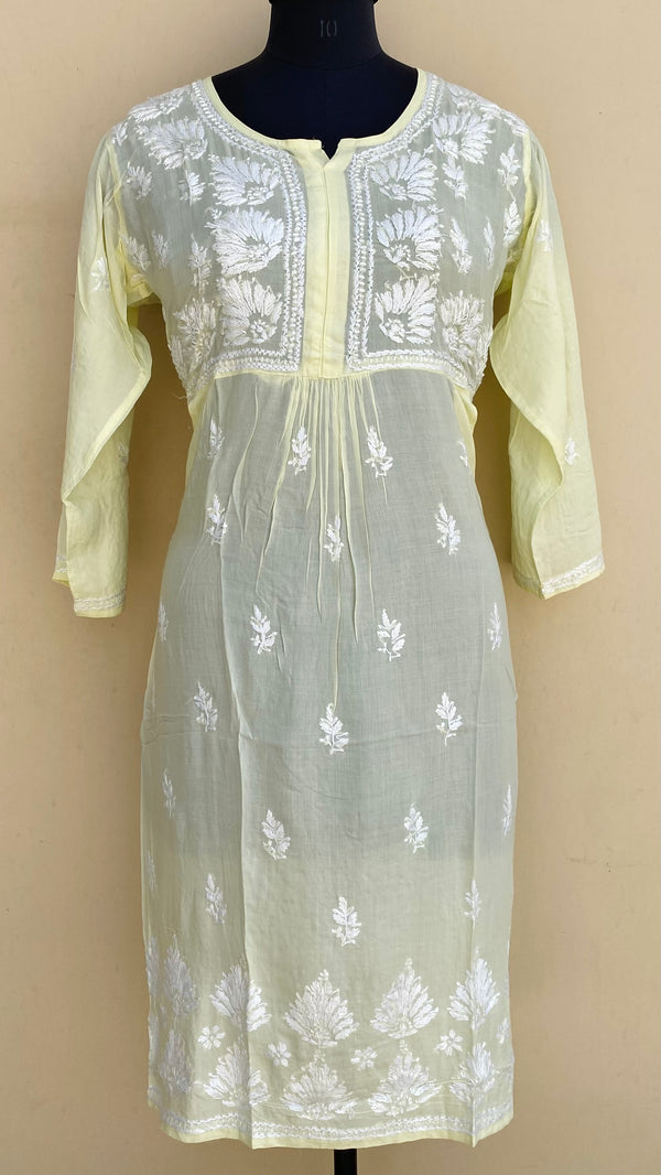 Lucknowi Chikankari Kurti Lemon Yellow Modal Cotton With Pockets