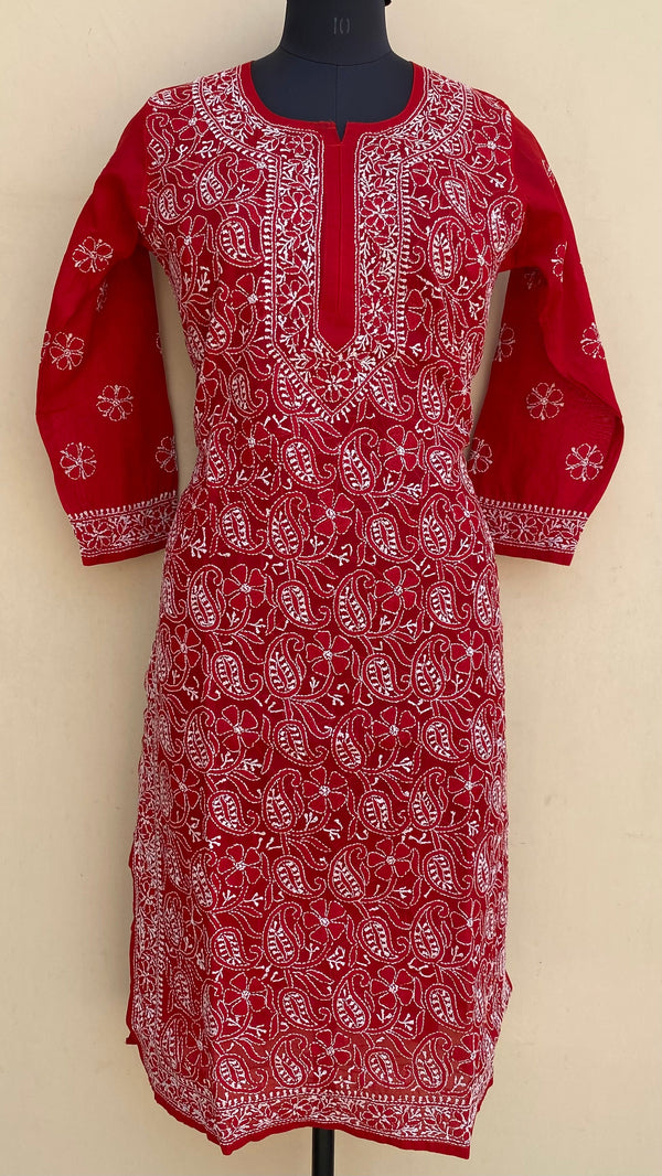 Lucknowi Chikankari Kurti Red Cotton