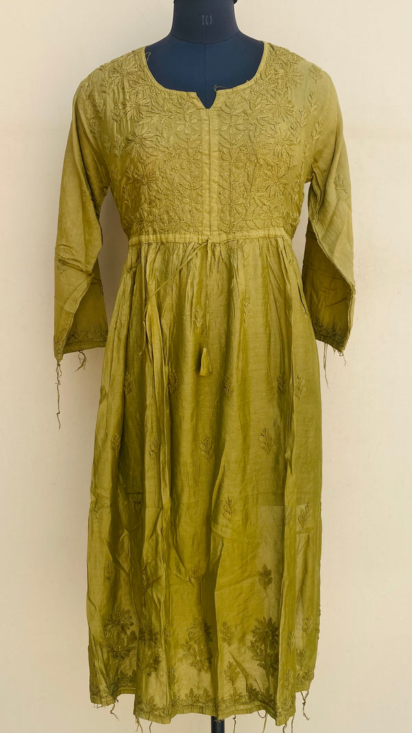 Lucknowi Chikankari Nyra Ombre Self Kurti Mehandi Green Mal Chanderi With 3D Work