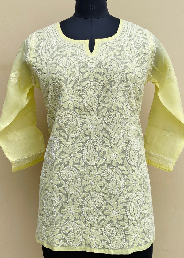 Lucknowi Chikankari Short Kurti Lemon Yellow Cotton