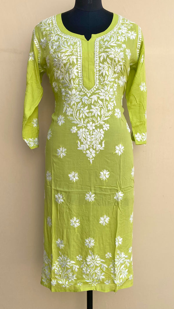 Lucknowi Chikankari Kurti Parrot Green Modal Cotton