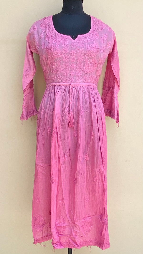 Lucknowi Chikankari Nyra Ombre Self Kurti Pink Mal Chanderi With 3D Work