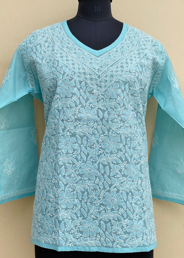 Lucknowi Chikankari Short Kurti Sea Green Cotton