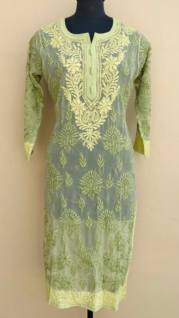 Lucknowi Chikankari Kurti Mehandi Green Georgette With Resham Work