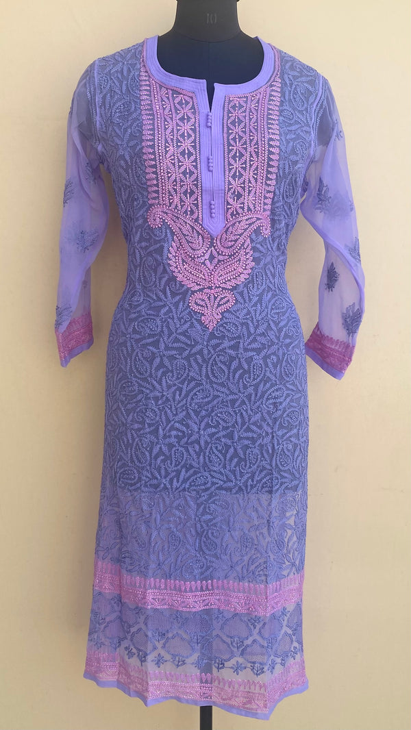 Lucknowi Chikankari Kurti Purple Georgette With Resham & Jaali Work