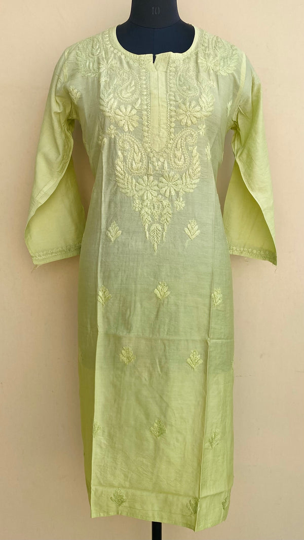 Lucknowi Chikankari Self Kurti Parrot Green Mal Chanderi With 3D Work