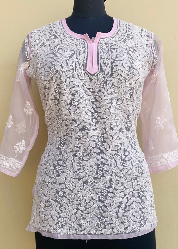 Lucknowi Chikankari Short Kurti Pink Georgette