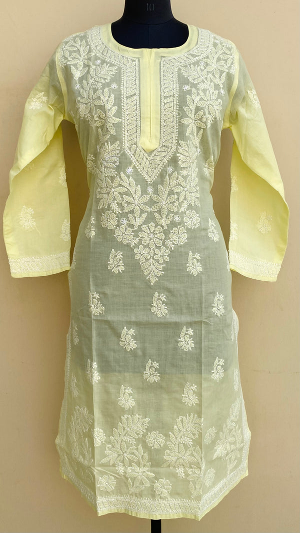 Lucknowi Chikankari Kurti Lemon Yellow Cotton