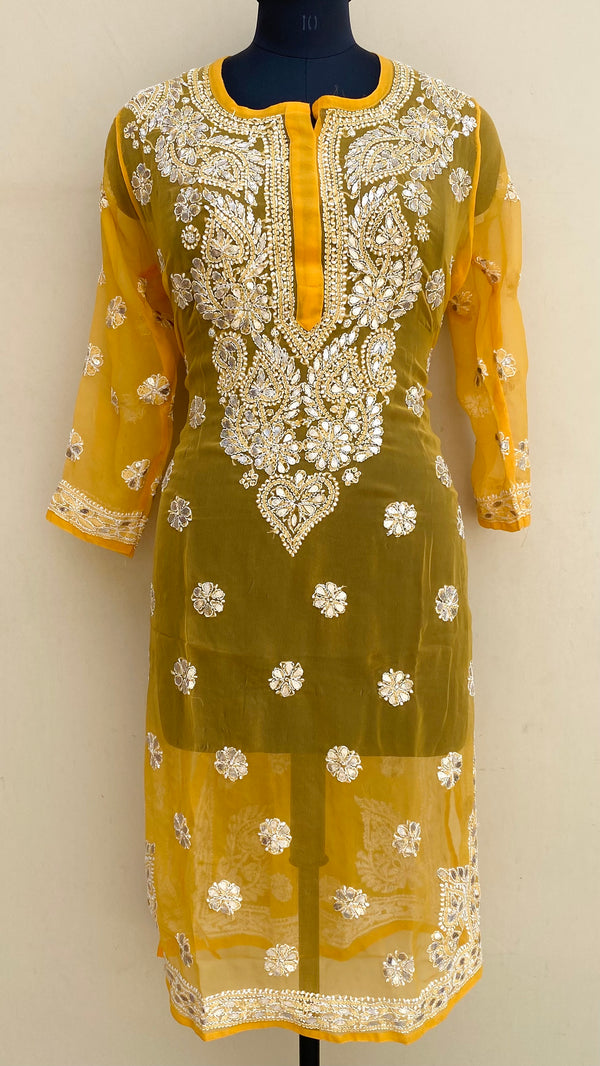 Lucknowi Chikankari Kurti Mustard Georgette With Gotta Patti Work