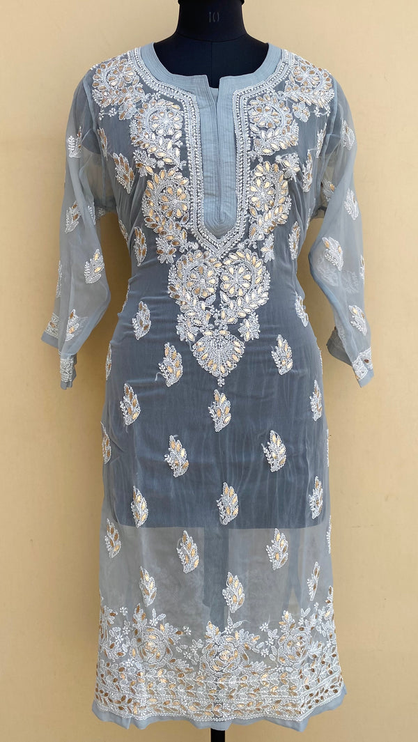 Lucknowi Chikankari Kurti Gray Georgette With Gotta Patti Work