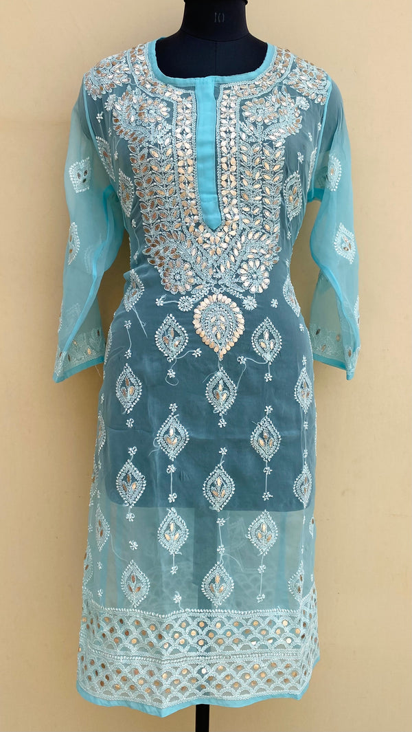 Lucknowi Chikankari Kurti Blue Georgette With Gotta Patti Work