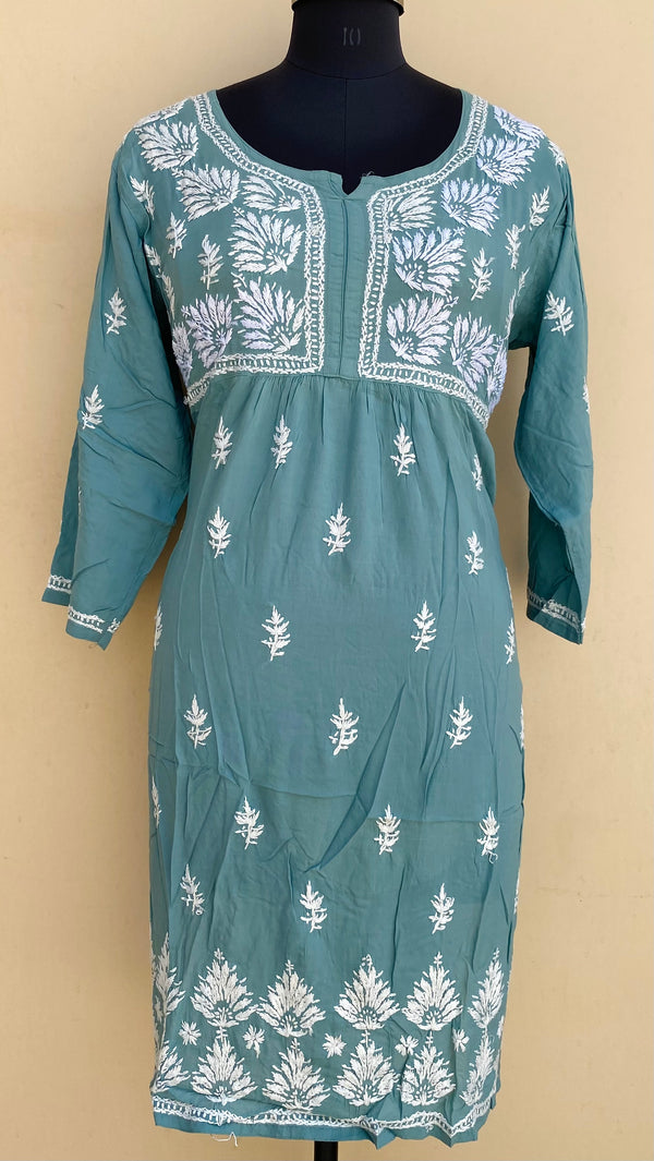 Lucknowi Chikankari Kurti Teal Green Modal Cotton With Pockets