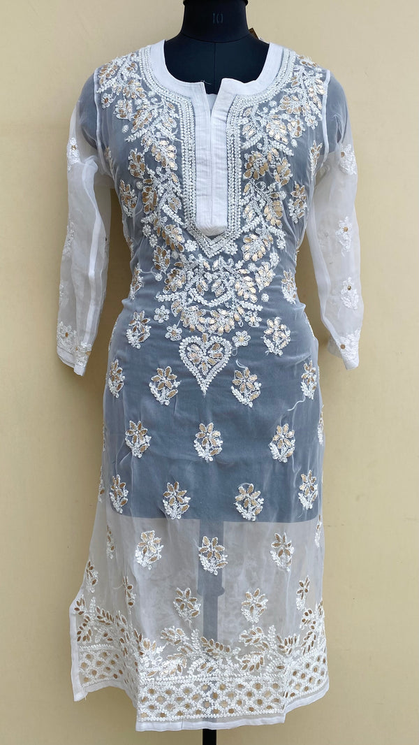 Lucknowi Chikankari Kurti White Georgette With Gotta Patti Work