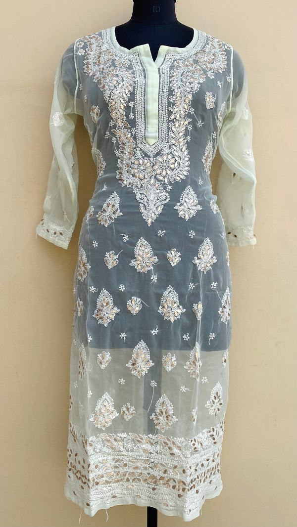 Lucknowi Chikankari Kurti Lemon Yellow Georgette With Gotta Patti Work