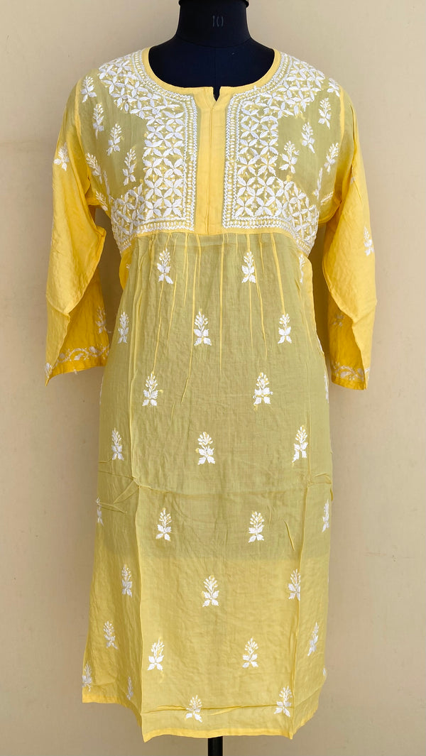 Lucknowi Chikankari Kurti Yellow Modal Cotton With Pockets