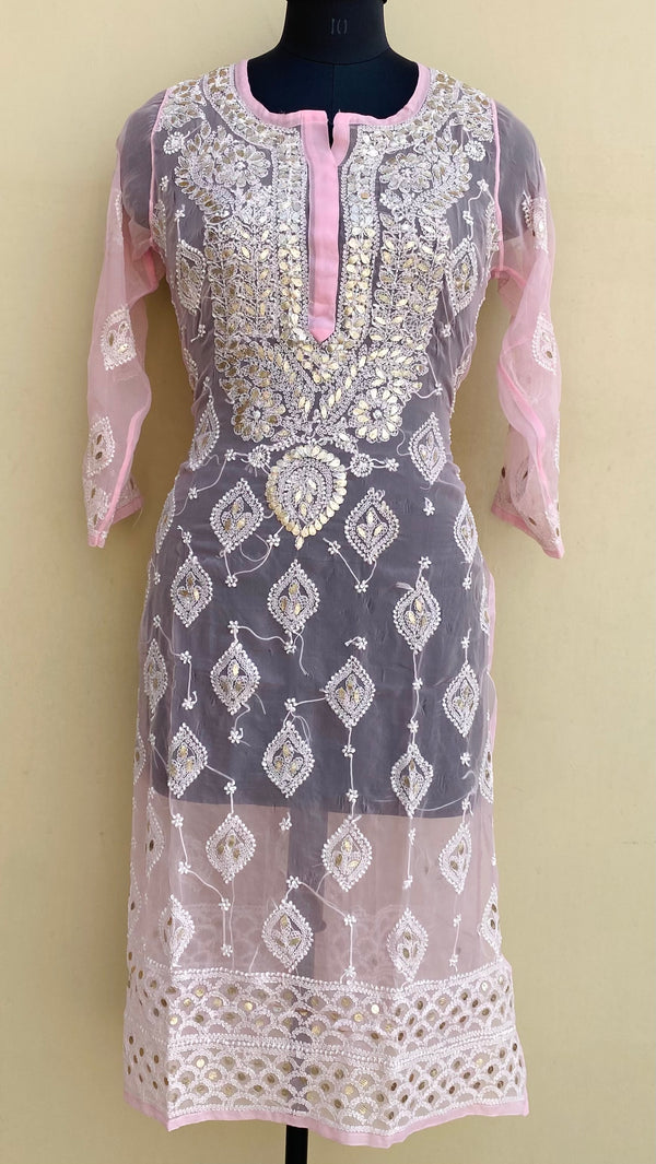 Lucknowi Chikankari Kurti Pink Georgette With Gotta Patti Work