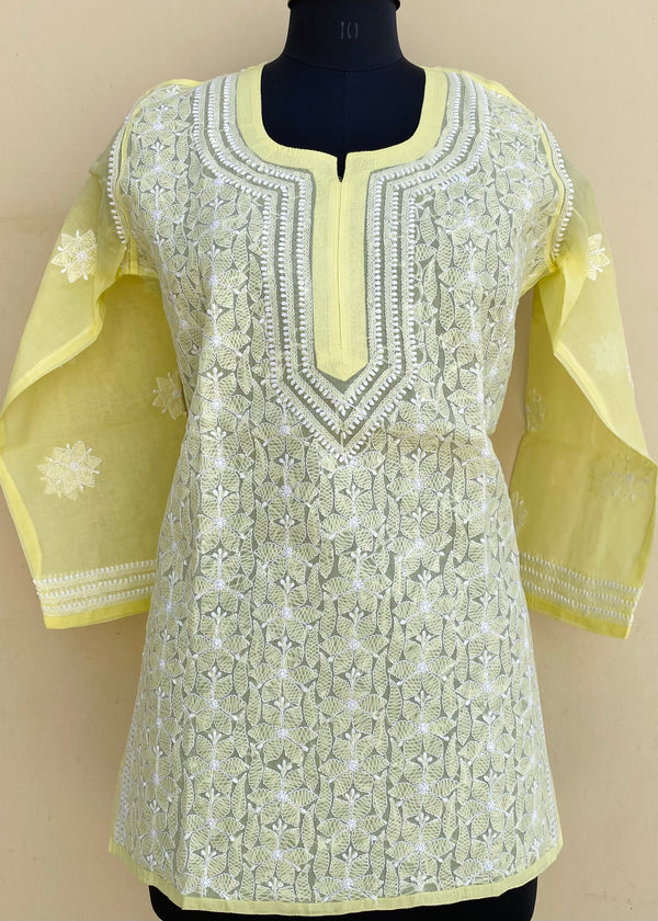 Lucknowi Chikankari Short Kurti Lemon Yellow Cotton