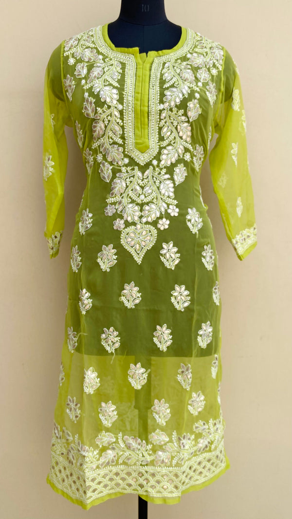 Lucknowi Chikankari Kurti Mehandi Green Georgette With Gotta Patti Work