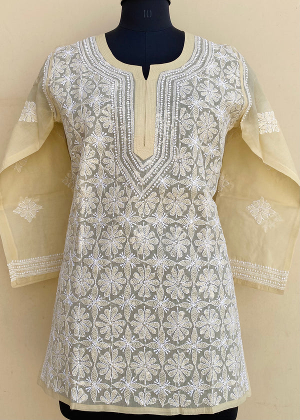 Lucknowi Chikankari Short Kurti Beige Cotton