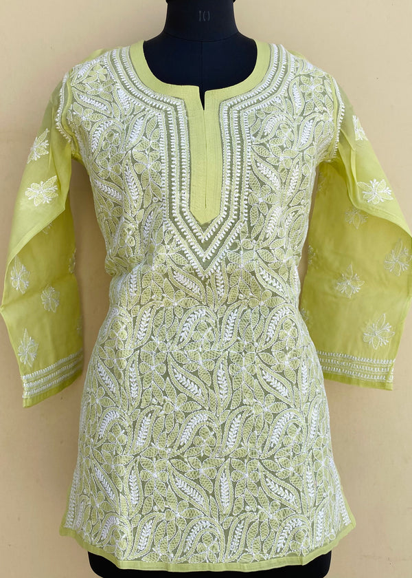 Lucknowi Chikankari Short Kurti Parrot Green Cotton