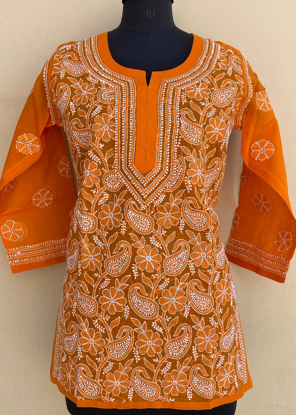 Lucknowi Chikankari Short Kurti Orange Cotton