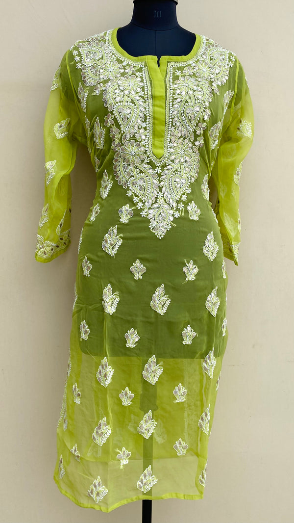 Lucknowi Chikankari Kurti Mehandi Green Georgette With Gotta Patti Work