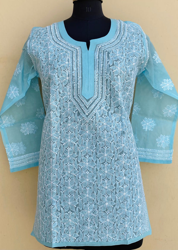 Lucknowi Chikankari Short Kurti Blue Cotton