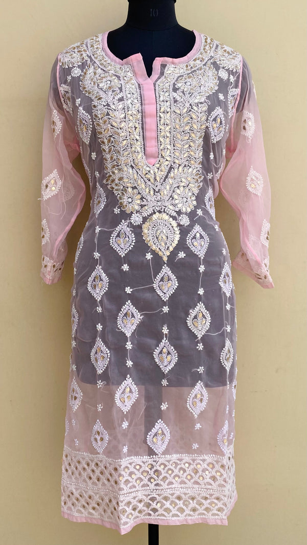 Lucknowi Chikankari Kurti Pink Georgette With Gotta Patti Work