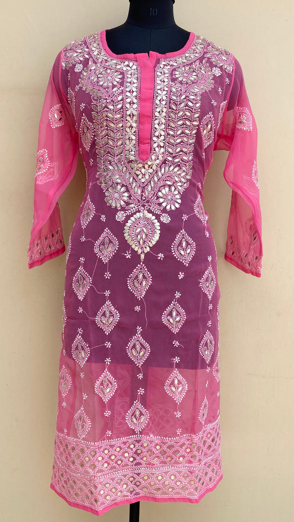 Lucknowi Chikankari Kurti Pink Georgette With Gotta Patti Work