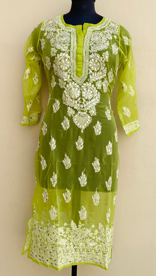 Lucknowi Chikankari Kurti Mehandi Green Georgette With Gotta Patti Work