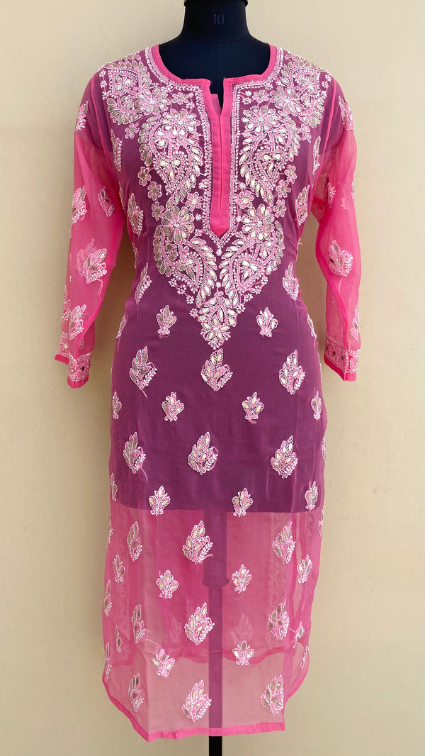 Lucknowi Chikankari Kurti Pink Georgette With Gotta Patti Work