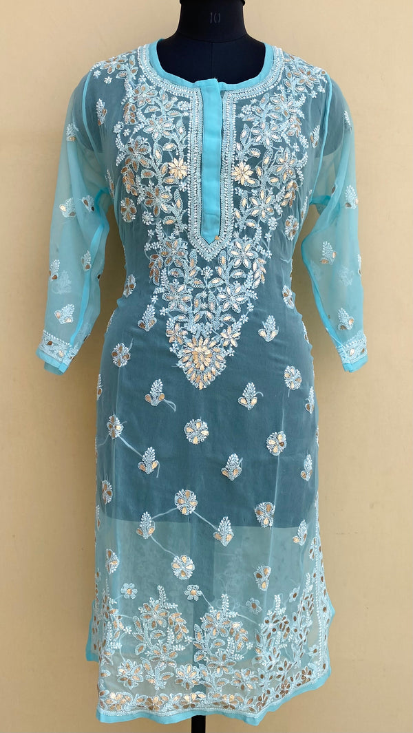 Lucknowi Chikankari Kurti Blue Georgette With Gotta Patti Work