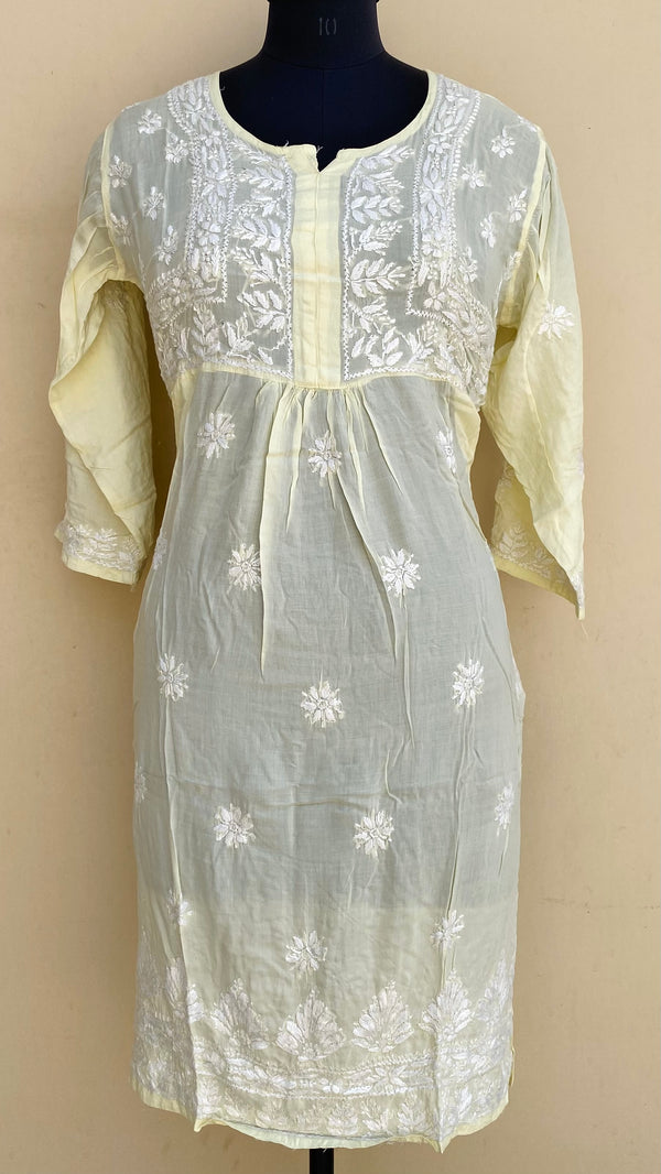 Lucknowi Chikankari Kurti Lemon Yellow Modal Cotton With Pockets