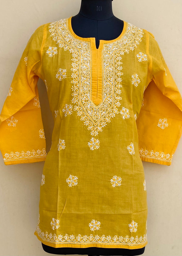 Lucknowi Chikankari Short Kurti Mustard Cotton