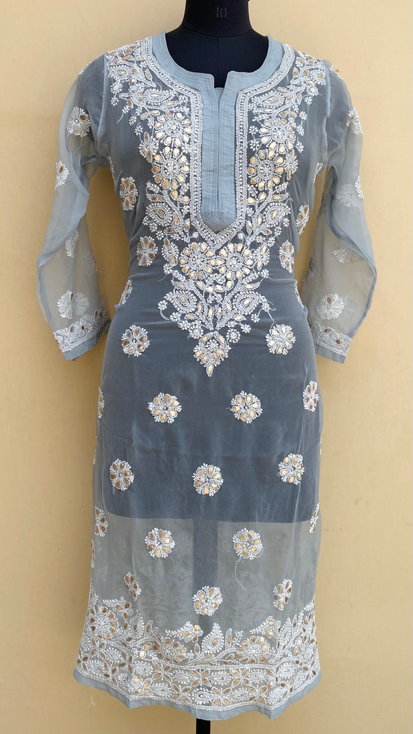 Lucknowi Chikankari Kurti Gray Georgette With Gotta Patti Work