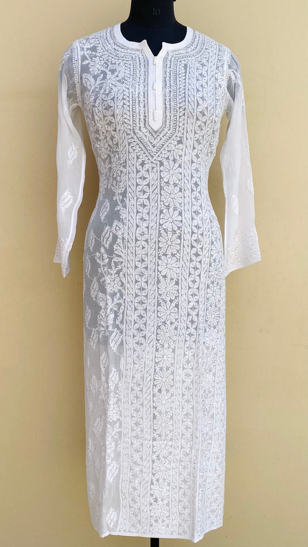 Lucknowi Chikankari Kurti White Pure Georgette With Mukaish Work