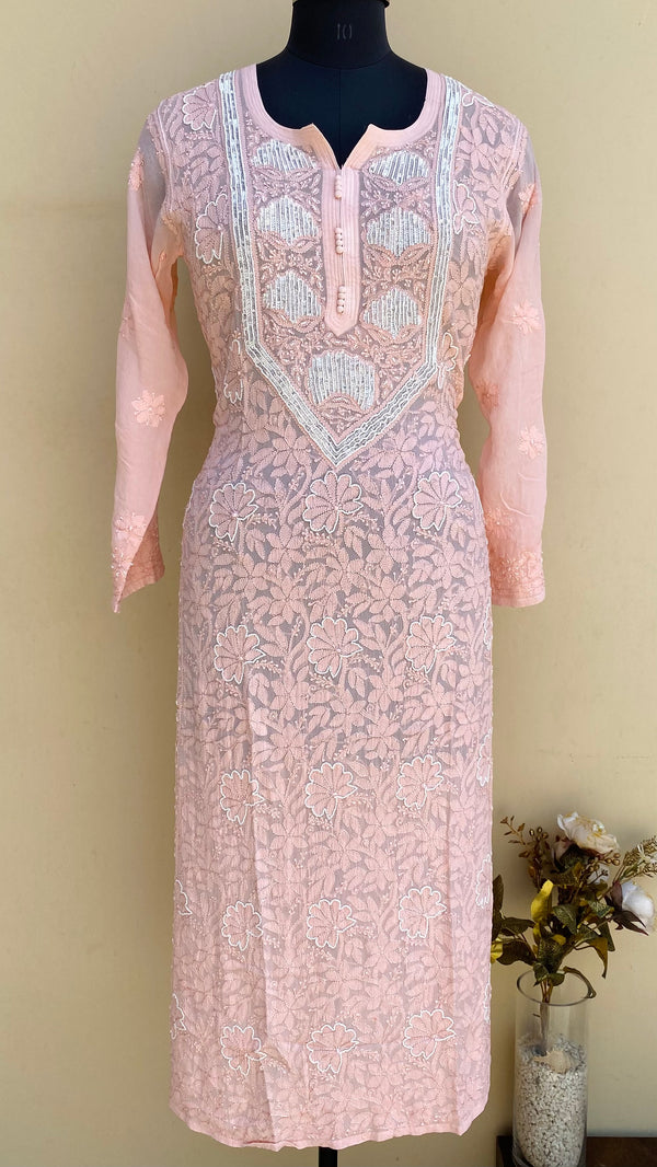 Lucknowi Chikankari Kurti Pink Pure Georgette With Sequence & Pearl Work