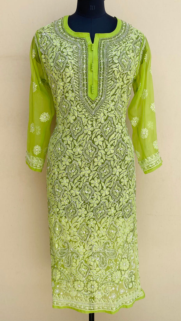 Lucknowi Chikankari Kurti Green Georgette With  Resham & Cutdana  Work