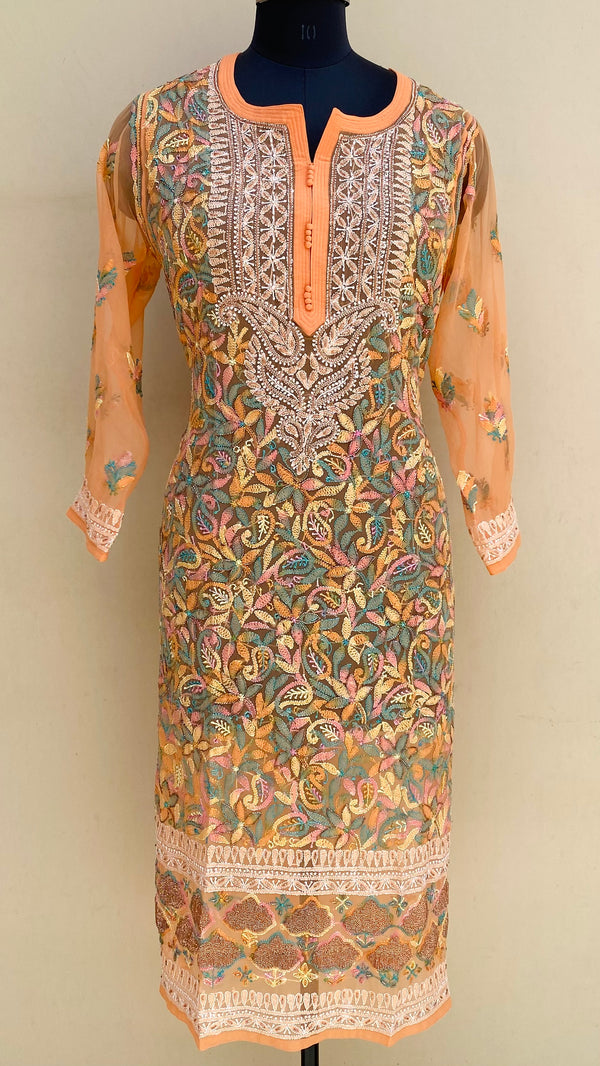 Lucknowi Chikankari Kurti Orange Georgette With Cutdana & Resham Work