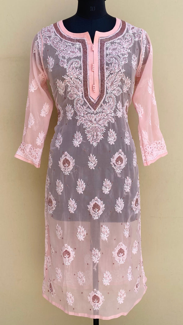 Lucknowi Chikankari Kurti Pink Georgette With Cutdana Work