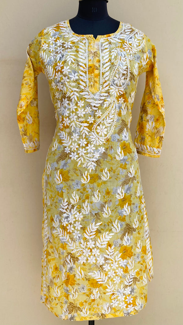 Lucknowi Chikankari Printed Kurti Yellow Mulmul Cotton