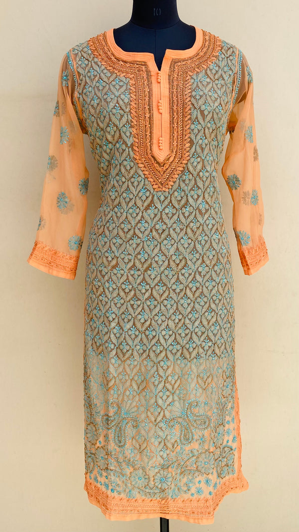 Lucknowi Chikankari Kurti Orange Georgette With Cutdana Work