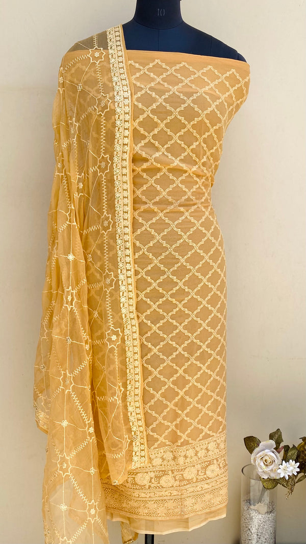 Chikankari Suit Length 3 Piece Mustard Georgette With Sequence Work