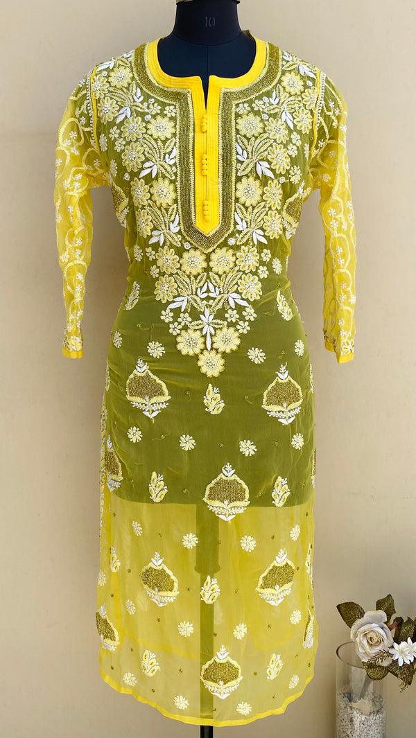 Lucknowi Chikankari Kurti Yellow Georgette With Cutdana Work