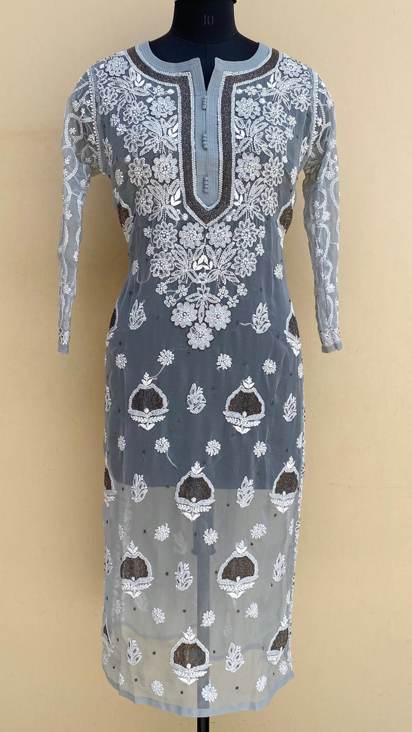 Lucknowi Chikankari Kurti Gray Georgette With Cutdana Work