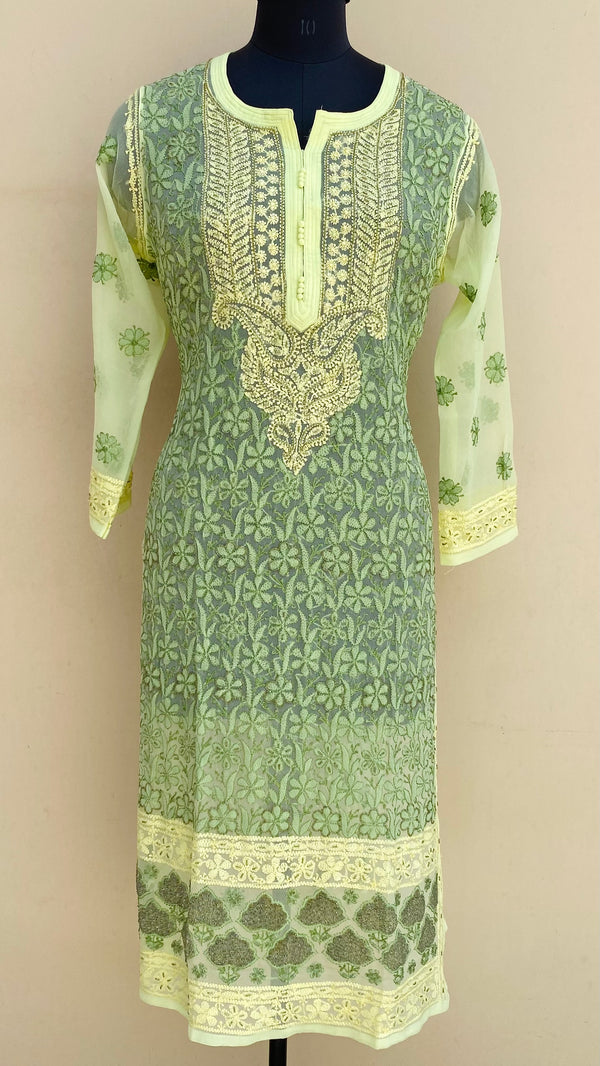 Lucknowi Chikankari Kurti Green Georgette With Cutdana Work