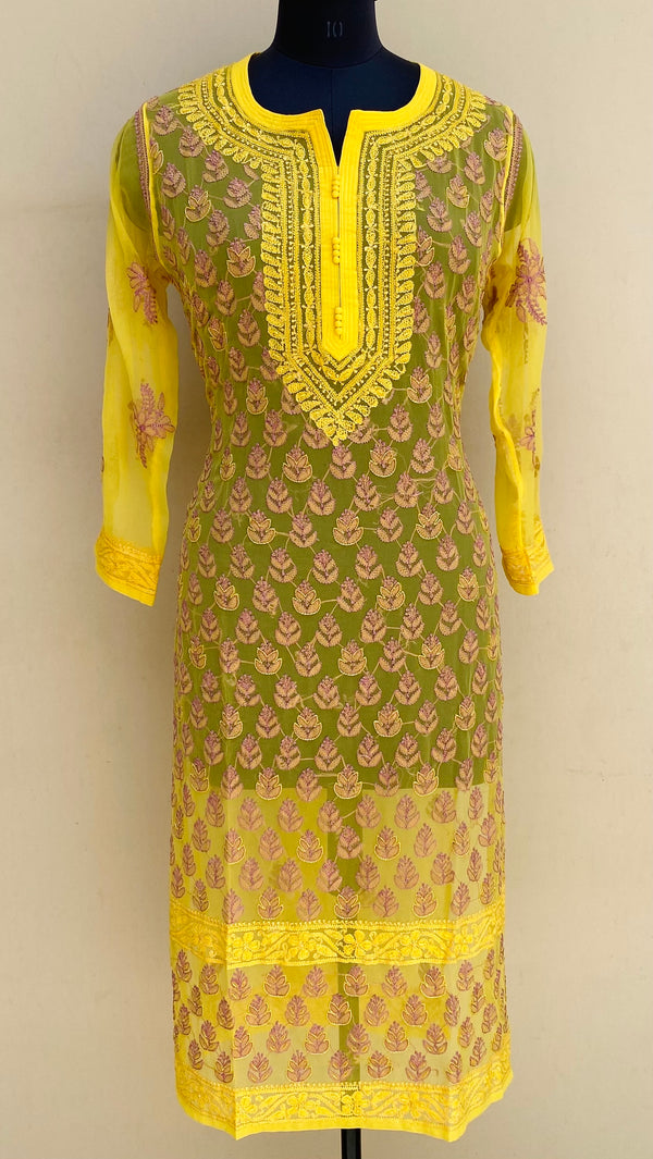 Lucknowi Chikankari Kurti Yellow Georgette With Cutdana & Resham Work