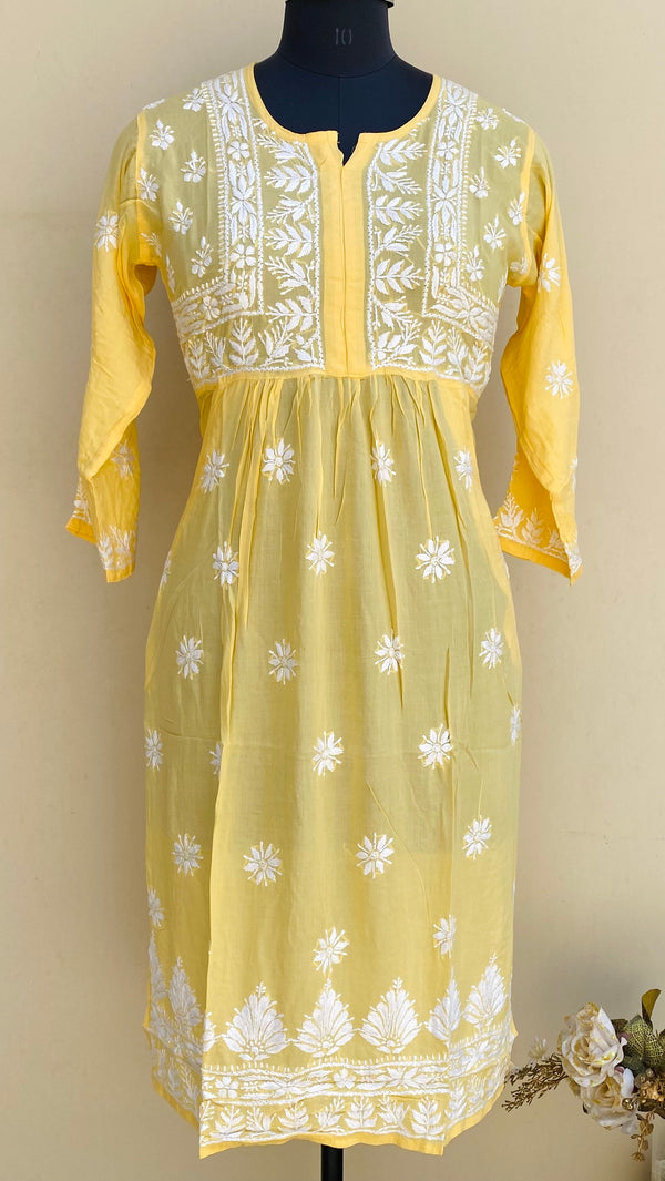 Lucknowi Chikankari Kurti Yellow Modal Cotton With Pockets