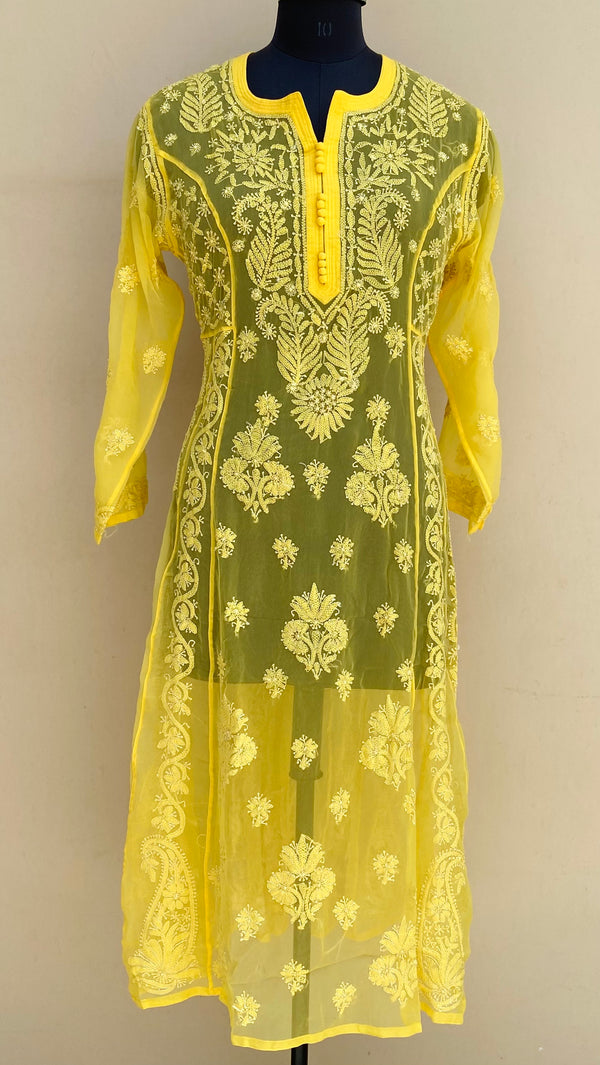 Lucknowi Chikankari Anarkali Kurti Yellow Georgette