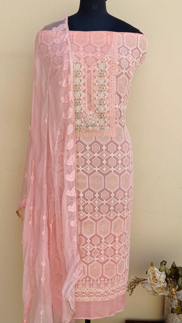 Chikankari Suit Length 3 Piece Pink Pure Georgette With Pearl & Cutdana Work